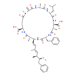 ChemSpider 2D Image | (5R,8R,11R,12S,15R,18S,19S,22R)-15-Benzyl-8-isobutyl-18-[(1E,3E,5S,6S)-6-methoxy-3,5-dimethyl-7-phenyl-1,3-heptadien-1-yl]-1,5,12,19-tetramethyl-2-methylene-3,6,9,13,16,20,25-heptaoxo-1,4,7,10,14,17,2
1-heptaazacyclopentacosane-11,22-dicarboxylic acid | C52H71N7O12