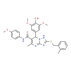 ChemSpider 2D Image | 7-(4-Hydroxy-3,5-dimethoxyphenyl)-N-(4-methoxyphenyl)-5-methyl-2-[(2-methylbenzyl)sulfanyl]-1,7-dihydro[1,2,4]triazolo[1,5-a]pyrimidine-6-carboxamide | C30H31N5O5S