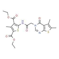 ChemSpider 2D Image | Diethyl 5-{[(5,6-dimethyl-4-oxothieno[2,3-d]pyrimidin-3(4H)-yl)acetyl]amino}-3-methyl-2,4-thiophenedicarboxylate | C21H23N3O6S2