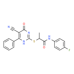 ChemSpider 2D Image | 2-[(5-Cyano-4-oxo-6-phenyl-1,4-dihydro-2-pyrimidinyl)sulfanyl]-N-(4-fluorophenyl)propanamide | C20H15FN4O2S