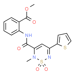 ChemSpider 2D Image | Methyl 2-({[2-methyl-1,1-dioxido-5-(2-thienyl)-2H-1,2,6-thiadiazin-3-yl]carbonyl}amino)benzoate | C17H15N3O5S2