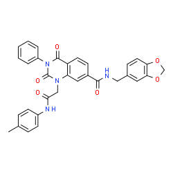 ChemSpider 2D Image | N-(1,3-Benzodioxol-5-ylmethyl)-1-{2-[(4-methylphenyl)amino]-2-oxoethyl}-2,4-dioxo-3-phenyl-1,2,3,4-tetrahydro-7-quinazolinecarboxamide | C32H26N4O6