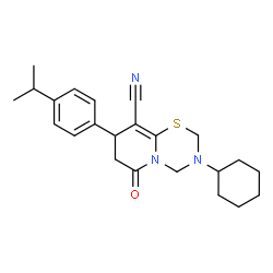 ChemSpider 2D Image | 3-Cyclohexyl-8-(4-isopropylphenyl)-6-oxo-3,4,7,8-tetrahydro-2H,6H-pyrido[2,1-b][1,3,5]thiadiazine-9-carbonitrile | C23H29N3OS