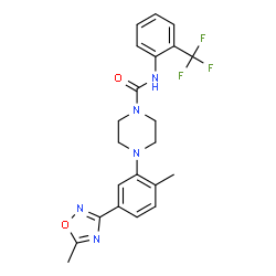 ChemSpider 2D Image | 4-[2-Methyl-5-(5-methyl-1,2,4-oxadiazol-3-yl)phenyl]-N-[2-(trifluoromethyl)phenyl]-1-piperazinecarboxamide | C22H22F3N5O2