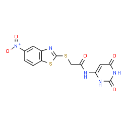 ChemSpider 2D Image | N-(2,6-Dioxo-1,2,3,6-tetrahydro-4-pyrimidinyl)-2-[(5-nitro-1,3-benzothiazol-2-yl)sulfanyl]acetamide | C13H9N5O5S2