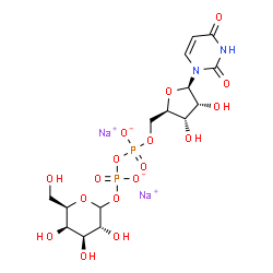 ChemSpider 2D Image | disodium [[(2R,3S,4R,5R)-5-(2,4-dioxopyrimidin-1-yl)-3,4-dihydroxy-tetrahydrofuran-2-yl]methoxy-oxido-phosphoryl] [(3R,4S,5R,6R)-3,4,5-trihydroxy-6-(hydroxymethyl)tetrahydropyran-2-yl] phosphate | C15H22N2Na2O17P2