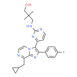 ChemSpider 2D Image | 3-({4-[8-(Cyclopropylmethyl)-2-(4-fluorophenyl)imidazo[1,2-a]pyrazin-3-yl]-2-pyrimidinyl}amino)-2,2-dimethyl-1-propanol | C25H27FN6O