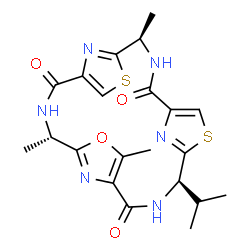 ChemSpider 2D Image | (4S,11R,18R)-11-Isopropyl-4,7,18-trimethyl-6-oxa-13,20-dithia-3,10,17,22,23,24-hexaazatetracyclo[17.2.1.1~5,8~.1~12,15~]tetracosa-1(21),5(24),7,12(23),14,19(22)-hexaene-2,9,16-trione | C21H24N6O4S2