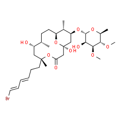 ChemSpider 2D Image | (1S,5R,7S,8S,11S,12R,13S)-5-[(3E,5E)-6-Bromo-3,5-hexadien-1-yl]-1,7-dihydroxy-5,8,12-trimethyl-3-oxo-4,15-dioxabicyclo[9.3.1]pentadec-13-yl 6-deoxy-3,4-di-O-methyl-alpha-L-mannopyranoside | C30H49BrO10