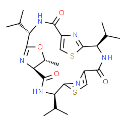 ChemSpider 2D Image | (4S,7R,8S,11R,18R)-4,11,18-Triisopropyl-7-methyl-6-oxa-13,20-dithia-3,10,17,22,23,24-hexaazatetracyclo[17.2.1.1~5,8~.1~12,15~]tetracosa-1(21),5(24),12(23),14,19(22)-pentaene-2,9,16-trione | C25H34N6O4S2
