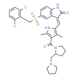 ChemSpider 2D Image | (3E)-5-[(2,6-Dichlorobenzyl)sulfonyl]-3-[(3,5-dimethyl-4-{[2-(1-pyrrolidinylmethyl)-1-pyrrolidinyl]carbonyl}-1H-pyrrol-2-yl)methylene]-1,3-dihydro-2H-indol-2-one | C32H34Cl2N4O4S
