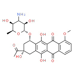 ChemSpider 2D Image | (1S,3S)-3-Acetyl-3,5,12-trihydroxy-10-methoxy-6,11-dioxo-1,2,3,4,6,11-hexahydro-1-tetracenyl (3xi)-3-amino-3,6-dideoxy-alpha-L-lyxo-hexopyranoside | C27H29NO11