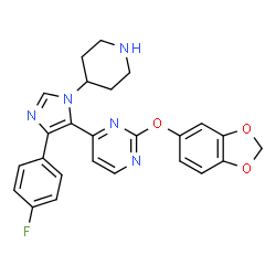 ChemSpider 2D Image | 2-(1,3-Benzodioxol-5-yloxy)-4-[4-(4-fluorophenyl)-1-(4-piperidinyl)-1H-imidazol-5-yl]pyrimidine | C25H22FN5O3