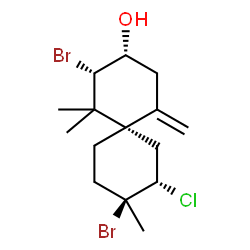 ChemSpider 2D Image | (2S,3R,6S,8S,9S)-2,9-Dibromo-8-chloro-1,1,9-trimethyl-5-methylenespiro[5.5]undecan-3-ol | C15H23Br2ClO
