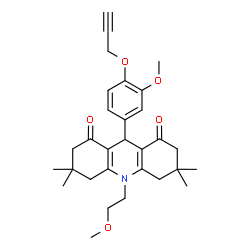 ChemSpider 2D Image | 10-(2-Methoxyethyl)-9-[3-methoxy-4-(2-propyn-1-yloxy)phenyl]-3,3,6,6-tetramethyl-3,4,6,7,9,10-hexahydro-1,8(2H,5H)-acridinedione | C30H37NO5