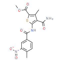 ChemSpider 2D Image | Methyl 4-carbamoyl-3-methyl-5-[(4-methyl-3-nitrobenzoyl)amino]-2-thiophenecarboxylate | C16H15N3O6S