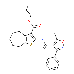 ChemSpider 2D Image | Propyl 2-{[(5-methyl-3-phenyl-1,2-oxazol-4-yl)carbonyl]amino}-5,6,7,8-tetrahydro-4H-cyclohepta[b]thiophene-3-carboxylate | C24H26N2O4S
