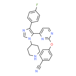 ChemSpider 2D Image | 4-({4-[4-(4-Fluorophenyl)-1-(4-piperidinyl)-1H-imidazol-5-yl]-2-pyrimidinyl}oxy)benzonitrile | C25H21FN6O