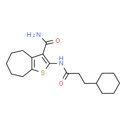 ChemSpider 2D Image | 2-[(3-Cyclohexylpropanoyl)amino]-5,6,7,8-tetrahydro-4H-cyclohepta[b]thiophene-3-carboxamide | C19H28N2O2S