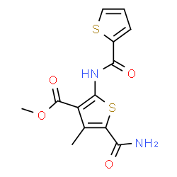 ChemSpider 2D Image | Methyl 5-carbamoyl-4-methyl-2-[(2-thienylcarbonyl)amino]-3-thiophenecarboxylate | C13H12N2O4S2