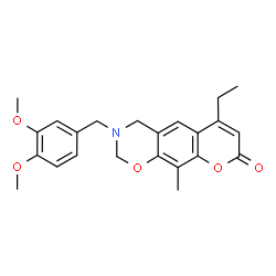 ChemSpider 2D Image | 3-(3,4-Dimethoxybenzyl)-6-ethyl-10-methyl-3,4-dihydro-2H,8H-chromeno[6,7-e][1,3]oxazin-8-one | C23H25NO5