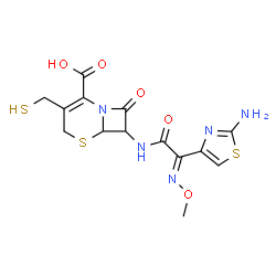 ChemSpider 2D Image | 7-{[(2E)-2-(2-Amino-1,3-thiazol-4-yl)-2-(methoxyimino)acetyl]amino}-8-oxo-3-(sulfanylmethyl)-5-thia-1-azabicyclo[4.2.0]oct-2-ene-2-carboxylic acid | C14H15N5O5S3