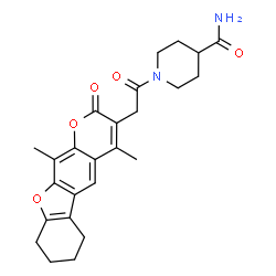 ChemSpider 2D Image | 1-[(4,11-Dimethyl-2-oxo-6,7,8,9-tetrahydro-2H-[1]benzofuro[3,2-g]chromen-3-yl)acetyl]-4-piperidinecarboxamide | C25H28N2O5