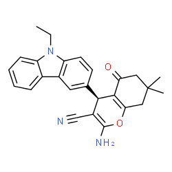ChemSpider 2D Image | (4R)-2-Amino-4-(9-ethyl-9H-carbazol-3-yl)-7,7-dimethyl-5-oxo-5,6,7,8-tetrahydro-4H-chromene-3-carbonitrile | C26H25N3O2