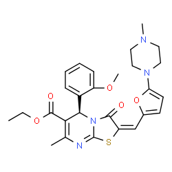 ChemSpider 2D Image | Ethyl (2E,5R)-5-(2-methoxyphenyl)-7-methyl-2-{[5-(4-methyl-1-piperazinyl)-2-furyl]methylene}-3-oxo-2,3-dihydro-5H-[1,3]thiazolo[3,2-a]pyrimidine-6-carboxylate | C27H30N4O5S