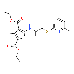 ChemSpider 2D Image | Diethyl 3-methyl-5-({[(4-methyl-2-pyrimidinyl)sulfanyl]acetyl}amino)-2,4-thiophenedicarboxylate | C18H21N3O5S2