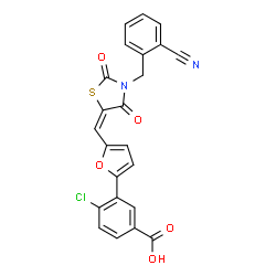 ChemSpider 2D Image | 4-Chloro-3-(5-{(E)-[3-(2-cyanobenzyl)-2,4-dioxo-1,3-thiazolidin-5-ylidene]methyl}-2-furyl)benzoic acid | C23H13ClN2O5S