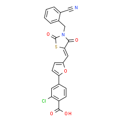 ChemSpider 2D Image | 2-Chloro-4-(5-{(Z)-[3-(2-cyanobenzyl)-2,4-dioxo-1,3-thiazolidin-5-ylidene]methyl}-2-furyl)benzoic acid | C23H13ClN2O5S