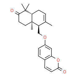 ChemSpider 2D Image | 7-{[(1R,4aR,8aS)-2,5,5,8a-Tetramethyl-6-oxo-1,4,4a,5,6,7,8,8a-octahydro-1-naphthalenyl]methoxy}-2H-chromen-2-one | C24H28O4