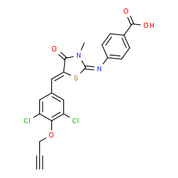 ChemSpider 2D Image | 4-[(E)-{(5Z)-5-[3,5-Dichloro-4-(2-propyn-1-yloxy)benzylidene]-3-methyl-4-oxo-1,3-thiazolidin-2-ylidene}amino]benzoic acid | C21H14Cl2N2O4S