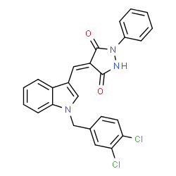 ChemSpider 2D Image | (4E)-4-{[1-(3,4-Dichlorobenzyl)-1H-indol-3-yl]methylene}-1-phenyl-3,5-pyrazolidinedione | C25H17Cl2N3O2
