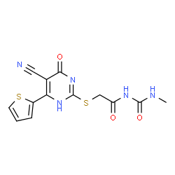 ChemSpider 2D Image | N-({[5-cyano-6-oxo-4-(2-thienyl)-1,6-dihydro-2-pyrimidinyl]sulfanyl}acetyl)-N'-methylurea | C13H11N5O3S2