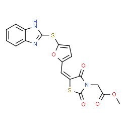 ChemSpider 2D Image | Methyl [(5E)-5-{[5-(1H-benzimidazol-2-ylsulfanyl)-2-furyl]methylene}-2,4-dioxo-1,3-thiazolidin-3-yl]acetate | C18H13N3O5S2