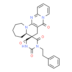 ChemSpider 2D Image | (5aR,6S)-1'-(2-Phenylethyl)-1,2,3,4,5,5a-hexahydro-2'H,7H,8H-spiro[pyrido[1'',2'':1',2']pyrimido[5',4':5,6]pyrido[1,2-a]azepine-6,5'-pyrimidine]-2',4',6',8(1'H,3'H)-tetrone | C27H27N5O4