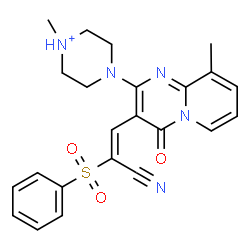 ChemSpider 2D Image | 4-{3-[(E)-2-Cyano-2-(phenylsulfonyl)vinyl]-9-methyl-4-oxo-4H-pyrido[1,2-a]pyrimidin-2-yl}-1-methylpiperazin-1-ium | C23H24N5O3S