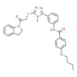 ChemSpider 2D Image | 4-Butoxy-N-[3-(5-{[2-(2,3-dihydro-1H-indol-1-yl)-2-oxoethyl]sulfanyl}-4-methyl-4H-1,2,4-triazol-3-yl)phenyl]benzamide | C30H31N5O3S