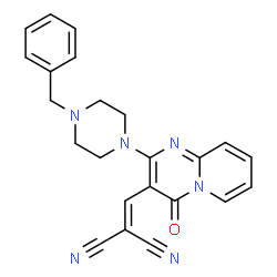 ChemSpider 2D Image | {[2-(4-Benzyl-1-piperazinyl)-4-oxo-4H-pyrido[1,2-a]pyrimidin-3-yl]methylene}malononitrile | C23H20N6O
