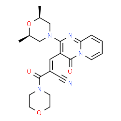 ChemSpider 2D Image | (2E)-3-{2-[(2R,6S)-2,6-Dimethyl-4-morpholinyl]-4-oxo-4H-pyrido[1,2-a]pyrimidin-3-yl}-2-(4-morpholinylcarbonyl)acrylonitrile | C22H25N5O4