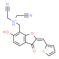 ChemSpider 2D Image | Cyano-N-(cyanomethyl)-N-{[(2E)-6-hydroxy-3-oxo-2-(2-thienylmethylene)-2,3-dihydro-1-benzofuran-7-yl]methyl}methanaminium | C18H14N3O3S