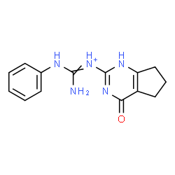 ChemSpider 2D Image | Amino(anilino)-N-(4-oxo-4,5,6,7-tetrahydro-1H-cyclopenta[d]pyrimidin-2-yl)methaniminium | C14H16N5O