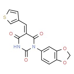 ChemSpider 2D Image | (5E)-1-(1,3-Benzodioxol-5-yl)-5-(3-thienylmethylene)-2,4,6(1H,3H,5H)-pyrimidinetrione | C16H10N2O5S