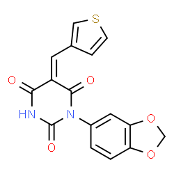ChemSpider 2D Image | (5Z)-1-(1,3-Benzodioxol-5-yl)-5-(3-thienylmethylene)-2,4,6(1H,3H,5H)-pyrimidinetrione | C16H10N2O5S