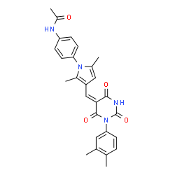 ChemSpider 2D Image | N-[4-(3-{(E)-[1-(3,4-Dimethylphenyl)-2,4,6-trioxotetrahydro-5(2H)-pyrimidinylidene]methyl}-2,5-dimethyl-1H-pyrrol-1-yl)phenyl]acetamide | C27H26N4O4