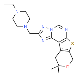 ChemSpider 2D Image | 2-[(4-Ethyl-1-piperazinyl)methyl]-10,10-dimethyl-10,11-dihydro-8H-pyrano[4',3':4,5]thieno[3,2-e][1,2,4]triazolo[1,5-c]pyrimidine | C19H26N6OS