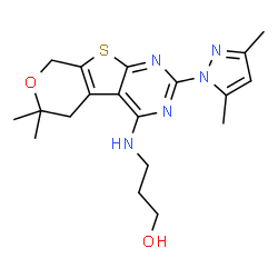 ChemSpider 2D Image | 3-{[2-(3,5-Dimethyl-1H-pyrazol-1-yl)-6,6-dimethyl-5,8-dihydro-6H-pyrano[4',3':4,5]thieno[2,3-d]pyrimidin-4-yl]amino}-1-propanol | C19H25N5O2S