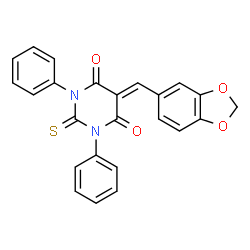 ChemSpider 2D Image | 5-(1,3-Benzodioxol-5-ylmethylene)-1,3-diphenyl-2-thioxodihydro-4,6(1H,5H)-pyrimidinedione | C24H16N2O4S
